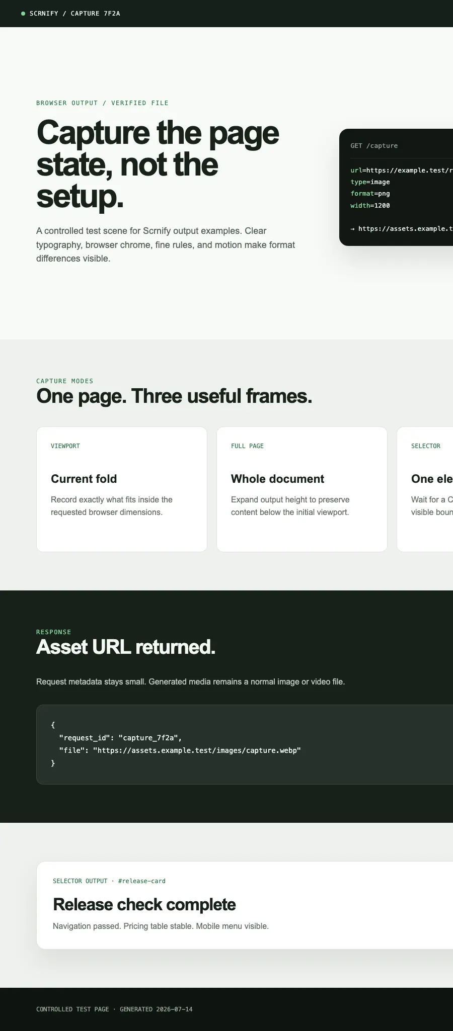 Tall full-page capture test scene containing hero, capture mode cards, JSON response, and release status