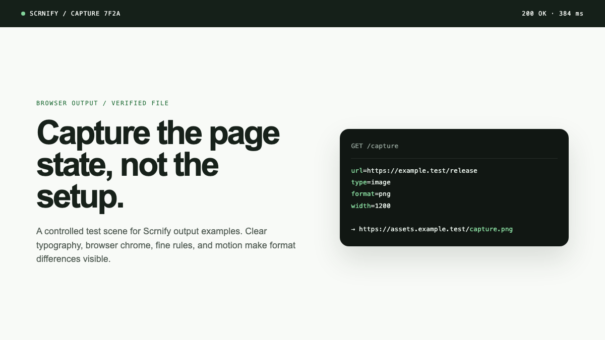 Viewport capture test scene showing a Scrnify request beside a large capture headline
